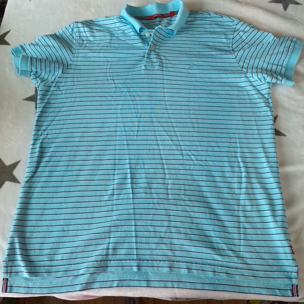 IZOD Mens Polo Shirt LargeBlue & Navy Stripes 100% Cotton Preppy Business Casual